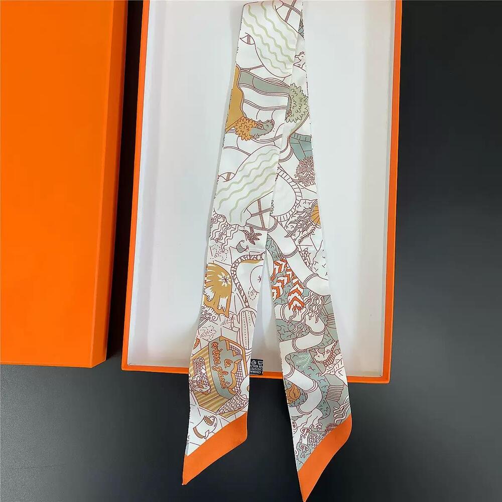 Luxury Style Abstract Wave Print Silky Skinny Bag or Neck Scarf Orange